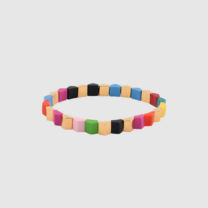 KM JEWELRY: PRISM STUD ELASTICATED BEAD BRACELET GOLD/MULTI